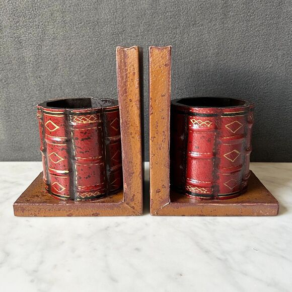 Mid Century Modern Faux Leather Bookends with Pen Cup MCM Retro Office Decor - Picture 2 of 9